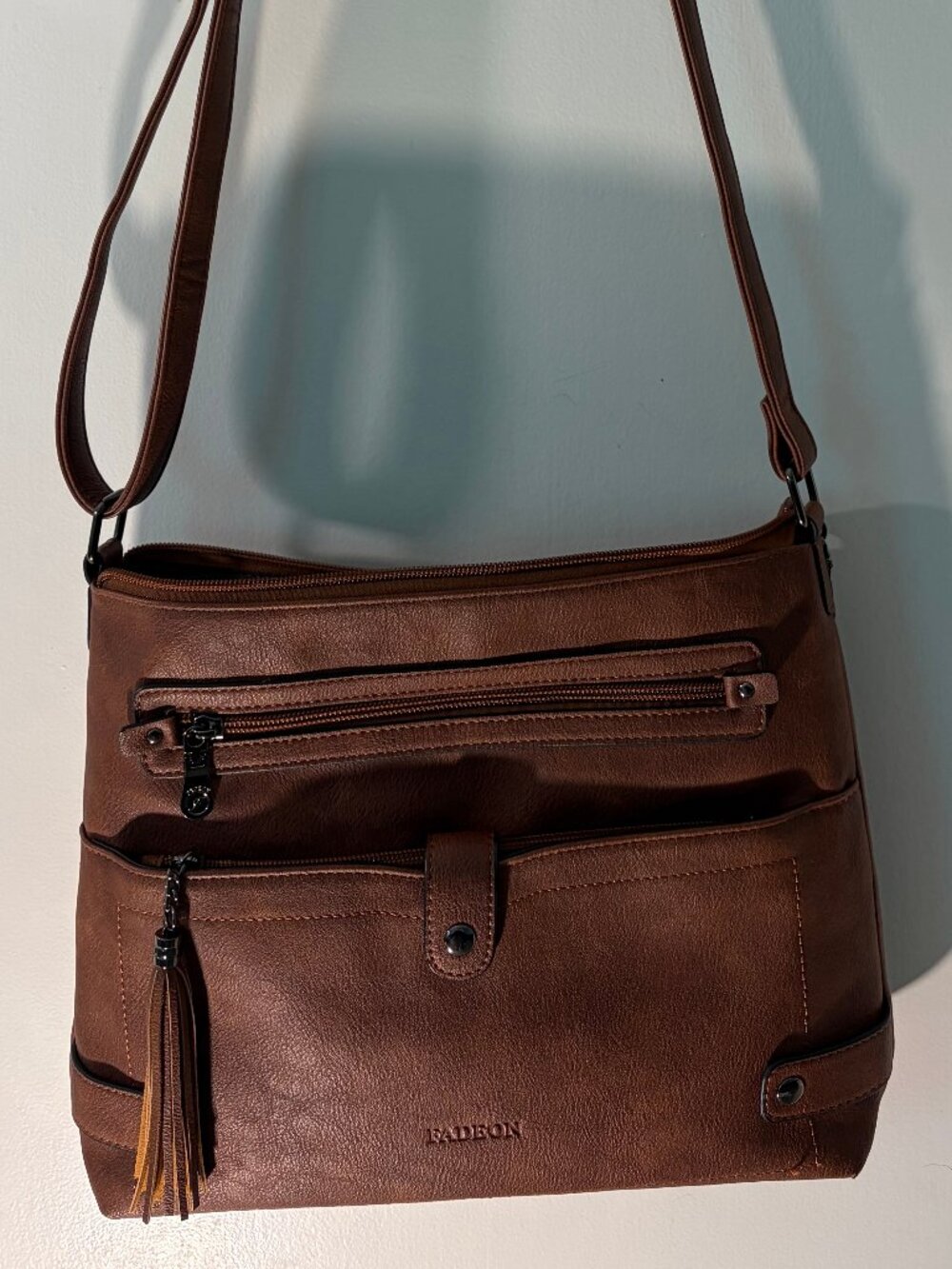 FADEON Cognac Brown Multi Pocket Faux Leather Crossbody Organizer Bag